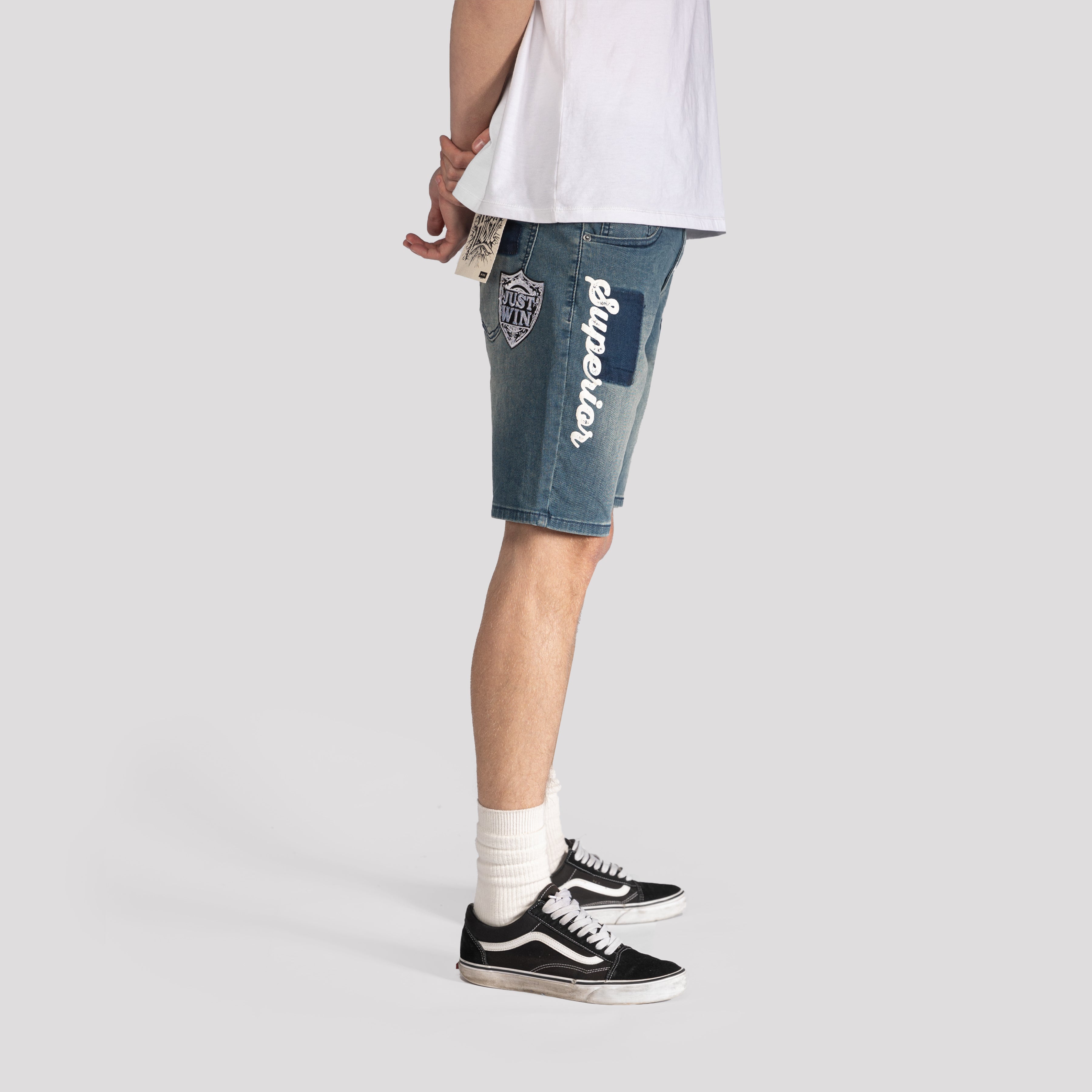 "Superior" Patch Denim Shorts - XIOS