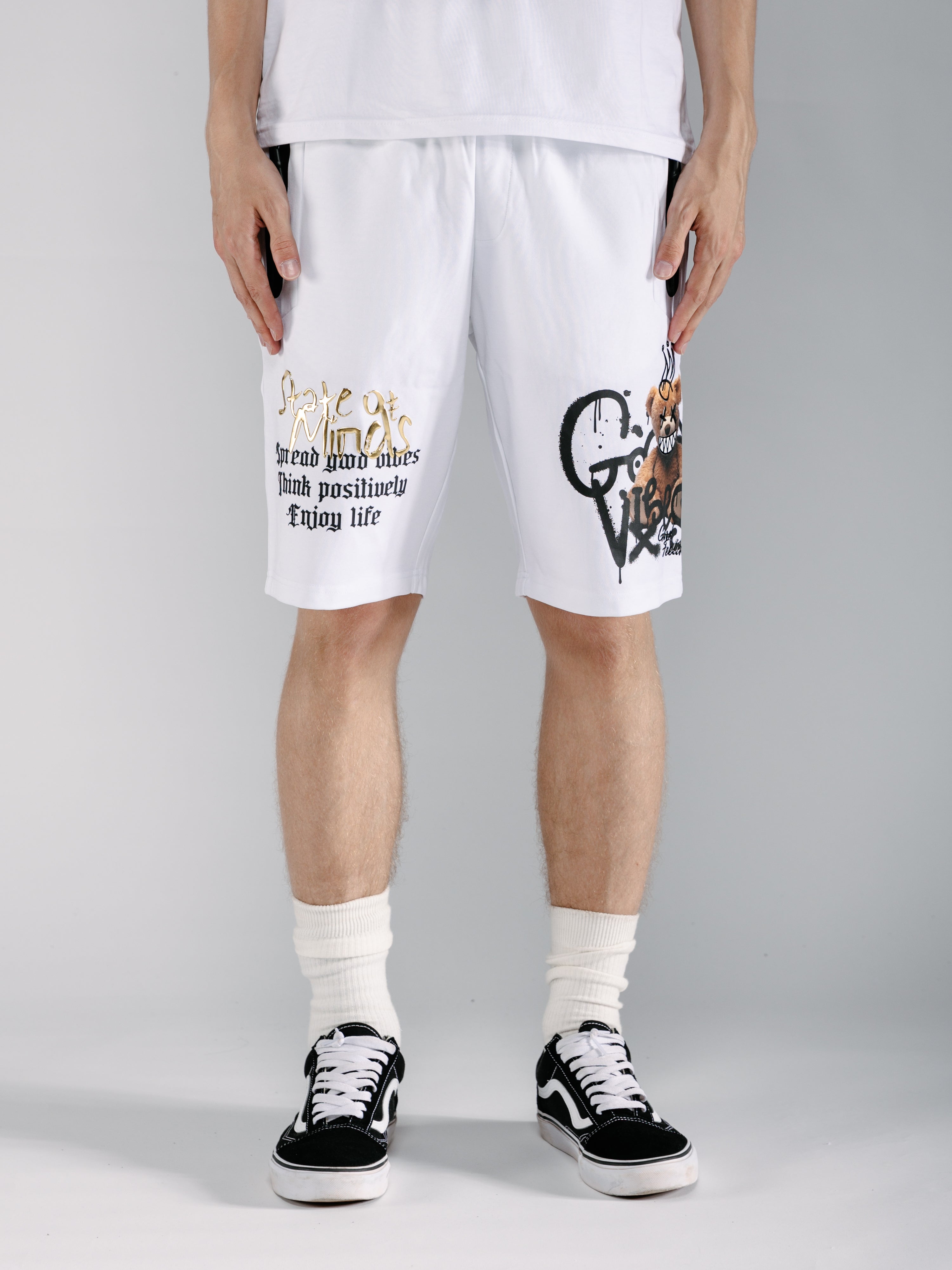 "State of Minds" Graphic Shorts with Zip-Pockets